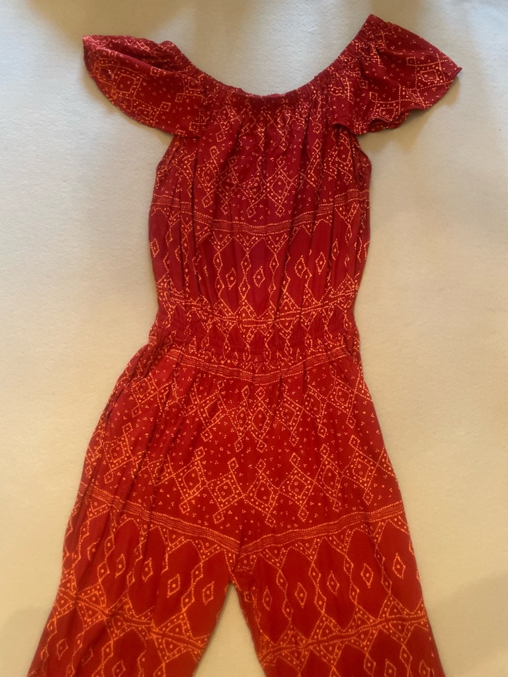 Beach Gold | Red Tapestry Flutter Sleeve Jumpsuit